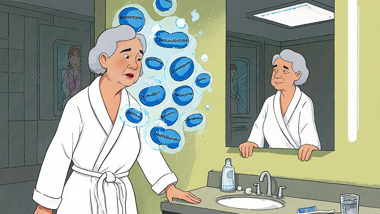 An elderly woman with transparent body showing drug molecules in her blood, stumbling toward a mirror in a harshly lit bathroom.