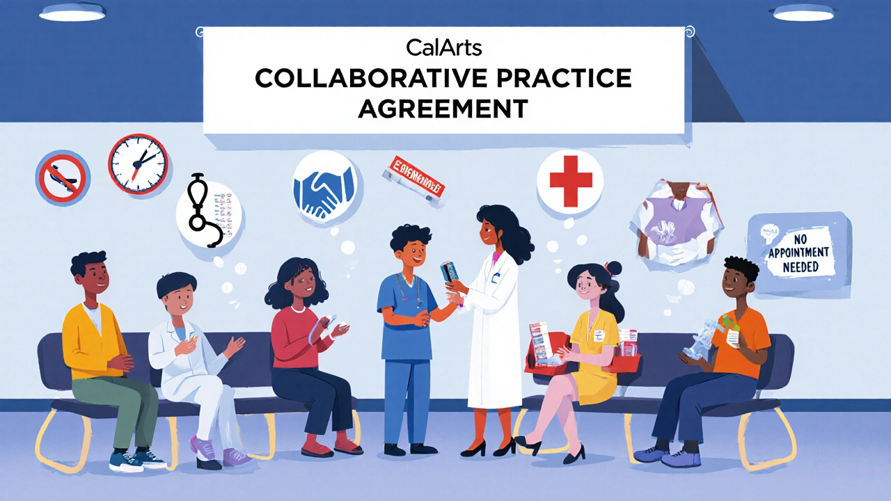 Diverse patients receiving pharmacist-led services like flu shots and birth control in a community pharmacy.