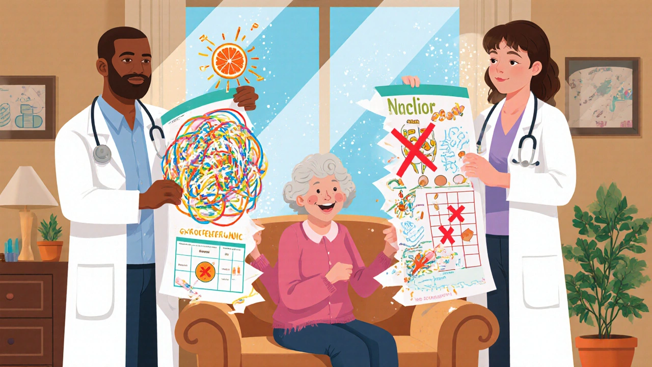Doctor and pharmacist reviewing a tangled medication chart with an elderly woman smiling in her living room.