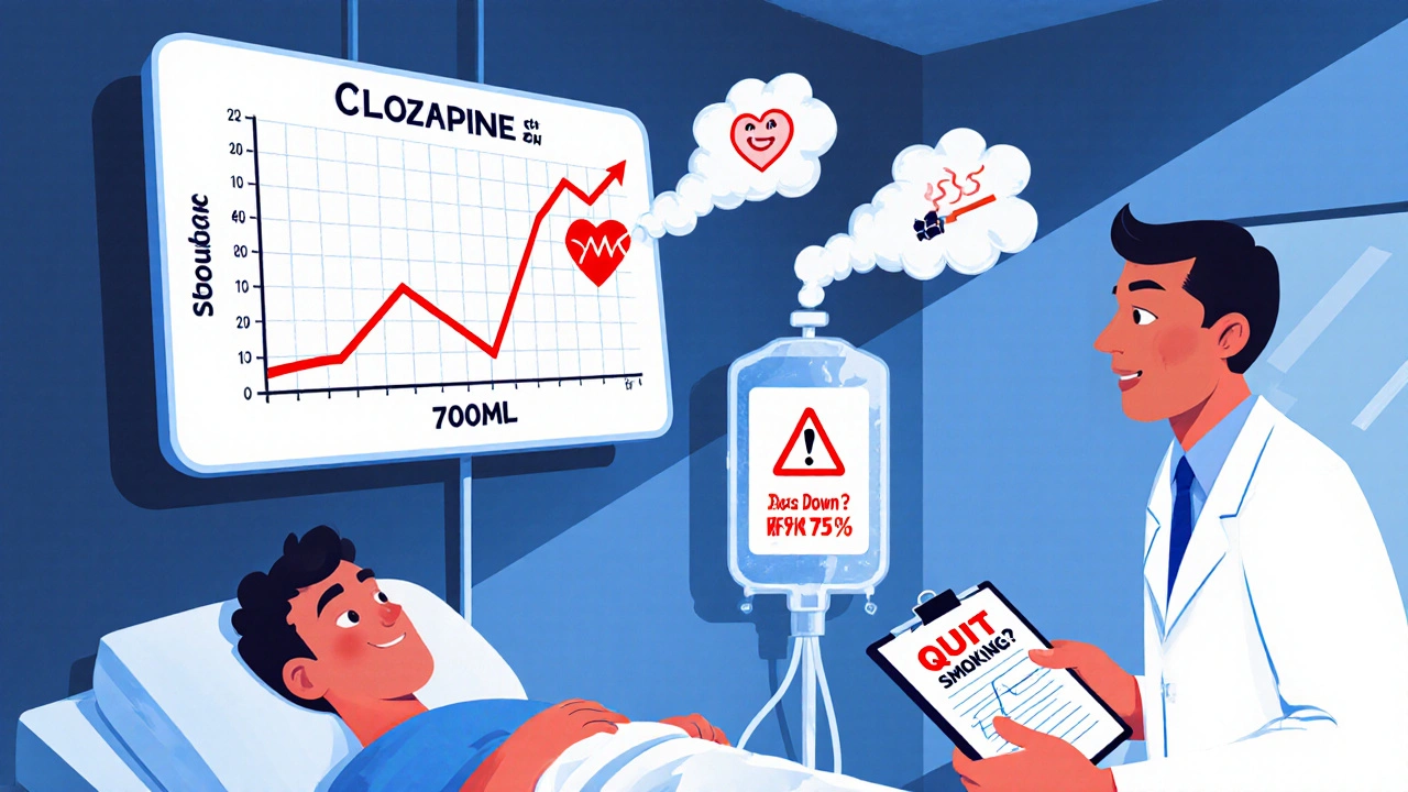 Hospital patient with rising clozapine levels, warning signs floating above, doctor adjusting dose.