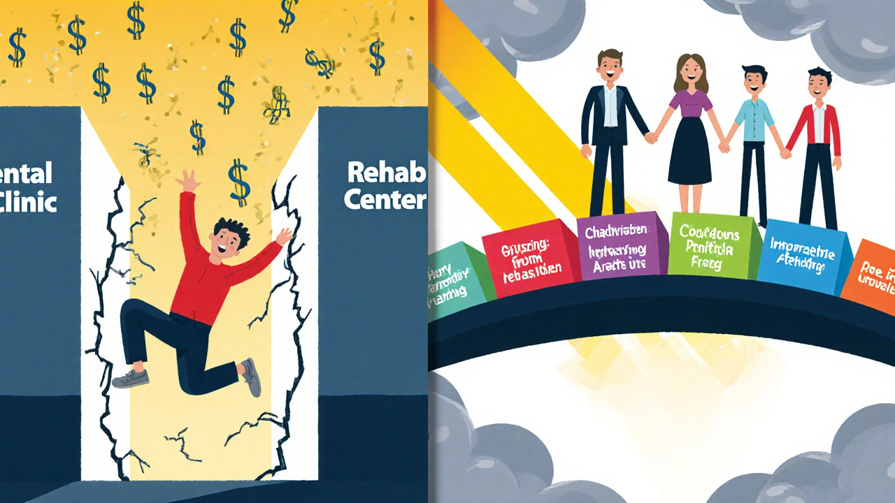 Left: person falling through cracks between separate clinics; right: same person on a bridge of nine IDDT blocks, smiling with family and peer supporter under sunlight.