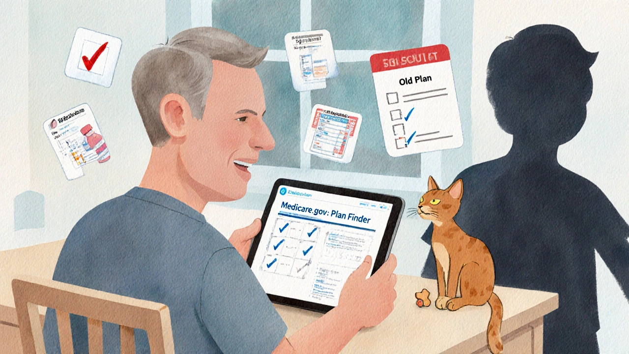 Man using tablet to compare drug plans with medication icons nearby.