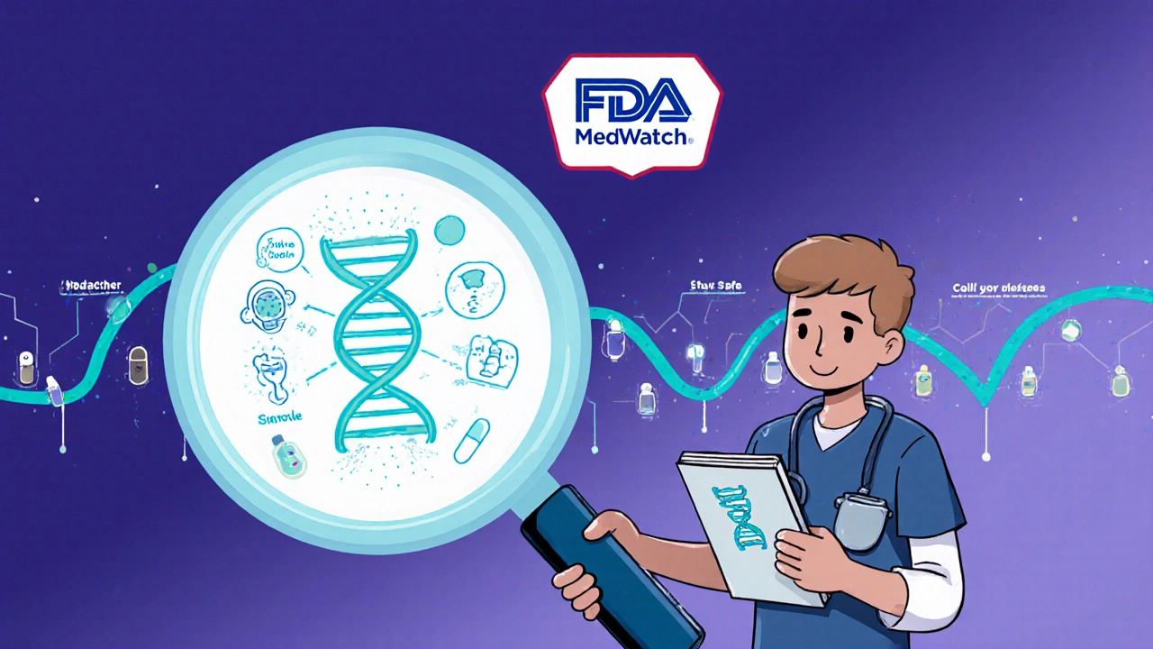 Patient keeping a symptom journal while a DNA strand reveals genetic risk for drug reaction
