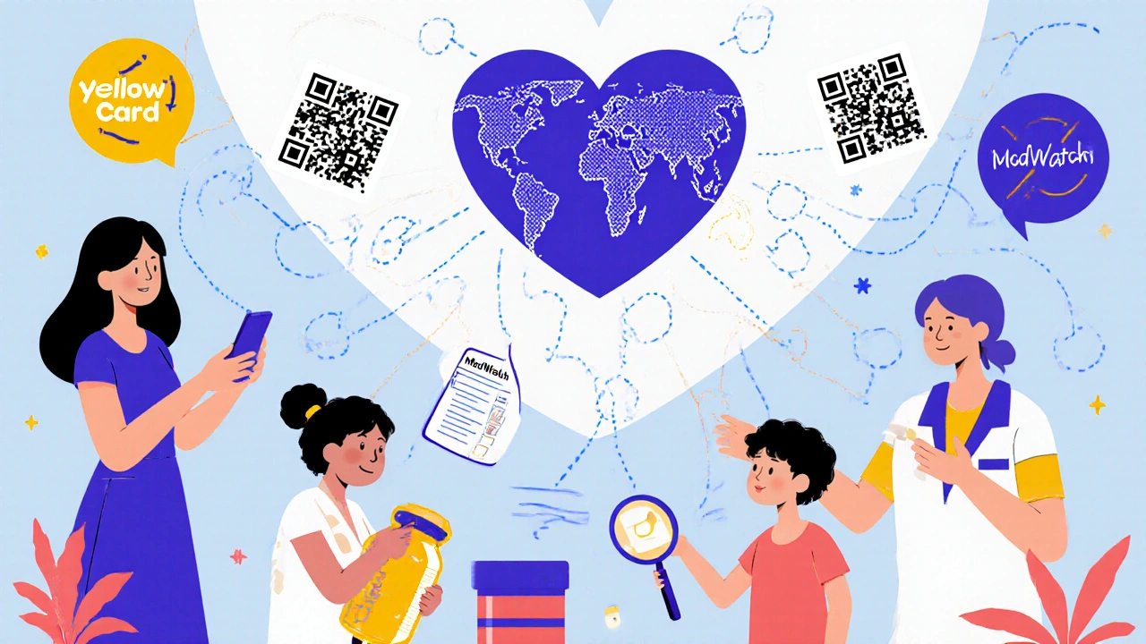 People using reporting apps during #MedSafetyWeek, with QR codes and data flowing into a global heart-shaped database.