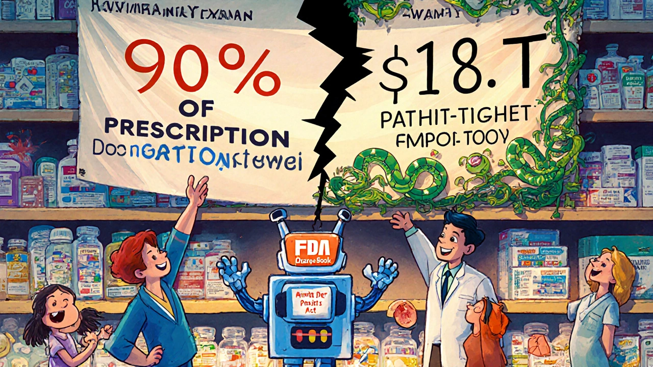 Pharmacy shelf with 90% generic pills under a cracked Hatch-Waxman banner