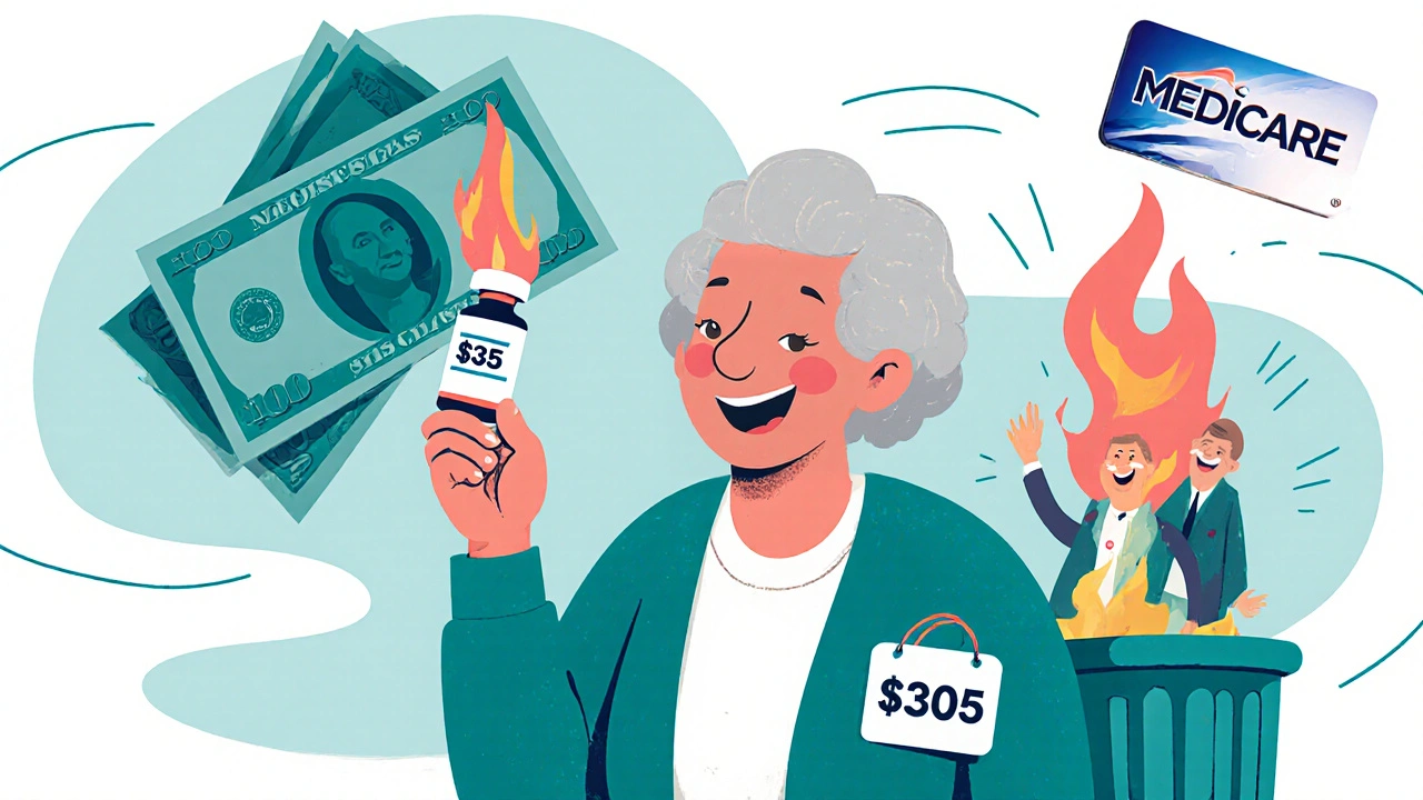 Senior holding  insulin vial as a 0 bill burns in trash.