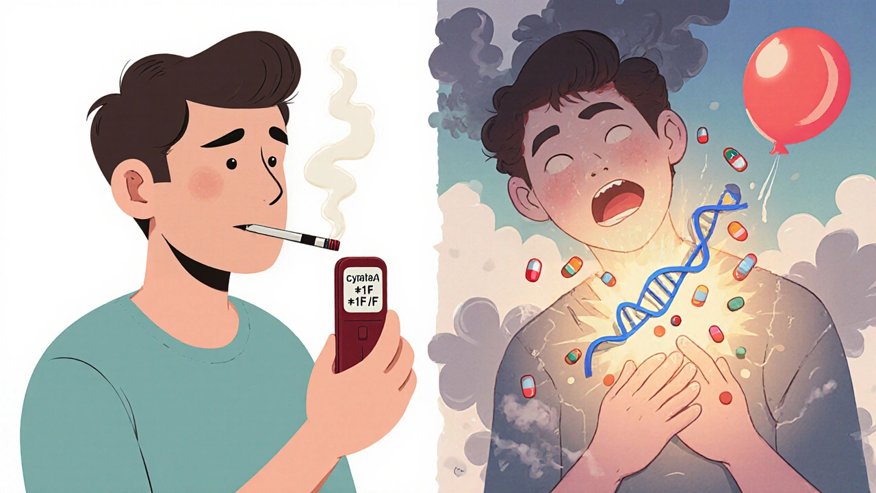 Side-by-side of stable smoker vs. toxic non-smoker, glowing gene and blood level meters visible.