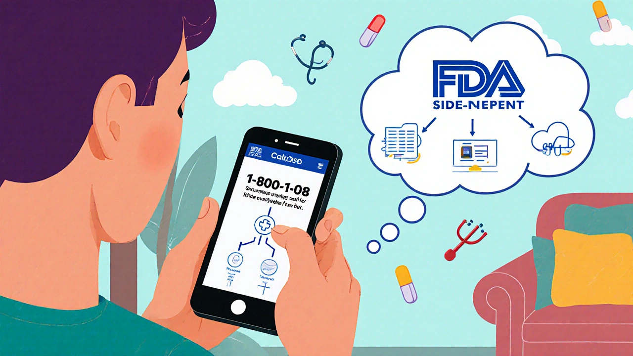 Someone calling the FDA hotline with a thought bubble showing their report reaching the FDA.