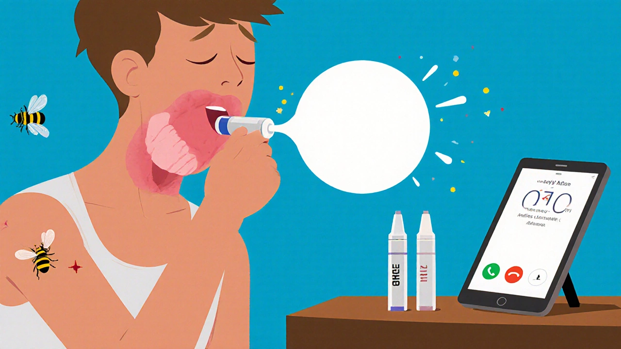 Someone using a failing EpiPen during an allergic reaction while fresh ones glow nearby.