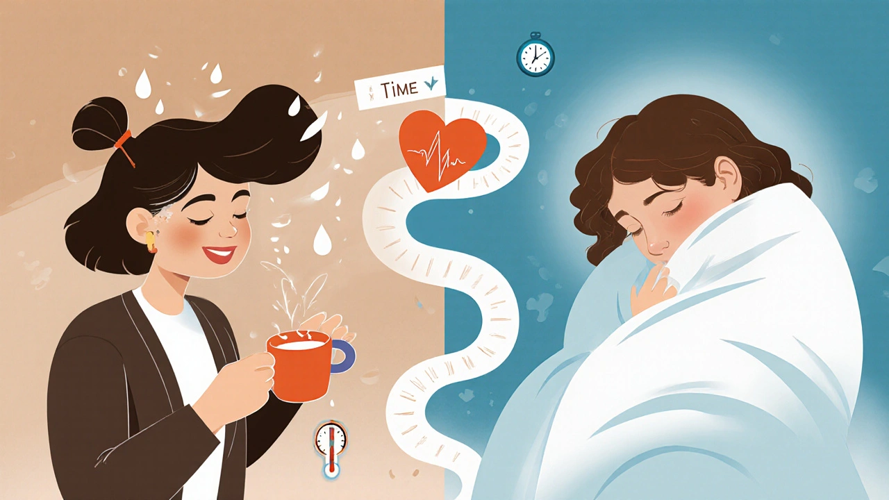 Split illustration of a woman experiencing hyperthyroidism on one side and hypothyroidism on the other, with time connecting them.