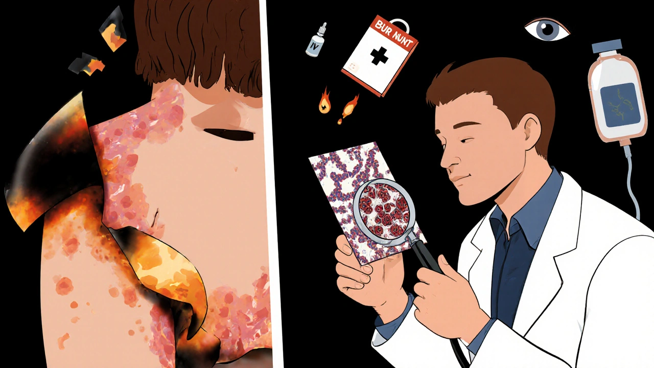 Split illustration showing peeling skin and a doctor examining a biopsy slide under magnification.