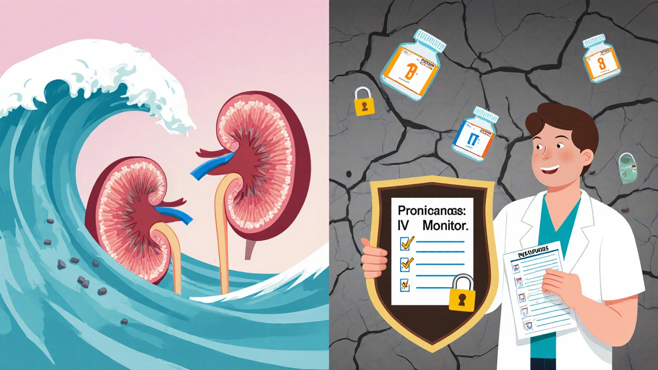 Split image: a damaged kidney vs. a healed one protected by IV meds and monitoring, symbolizing preventable harm.