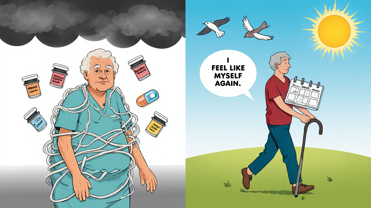 Split image: frail senior in hospital surrounded by dangerous pills vs. same person walking confidently with only three meds.
