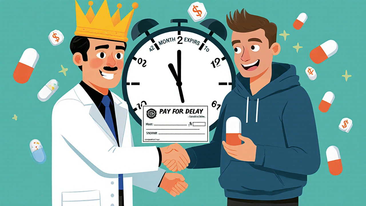 Two pharmaceutical executives shaking hands over a pay-for-delay check