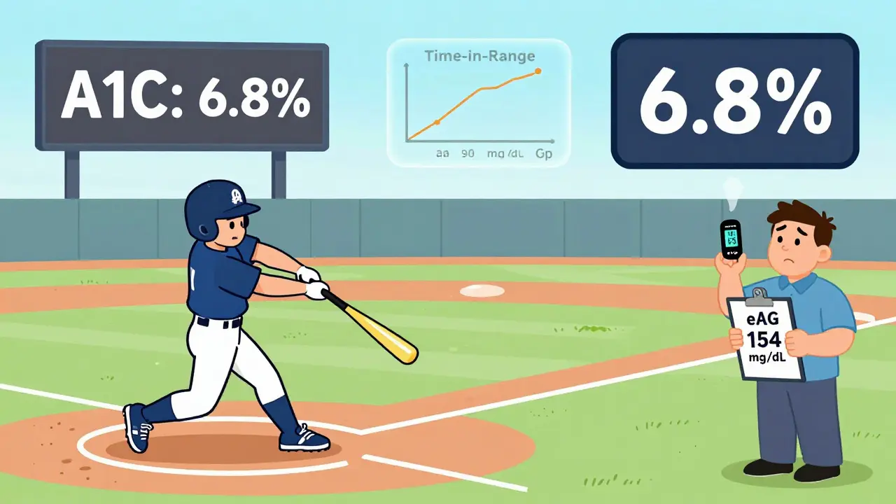 A baseball player hitting glucose spikes and crashes, with A1C and eAG scores on the scoreboard.