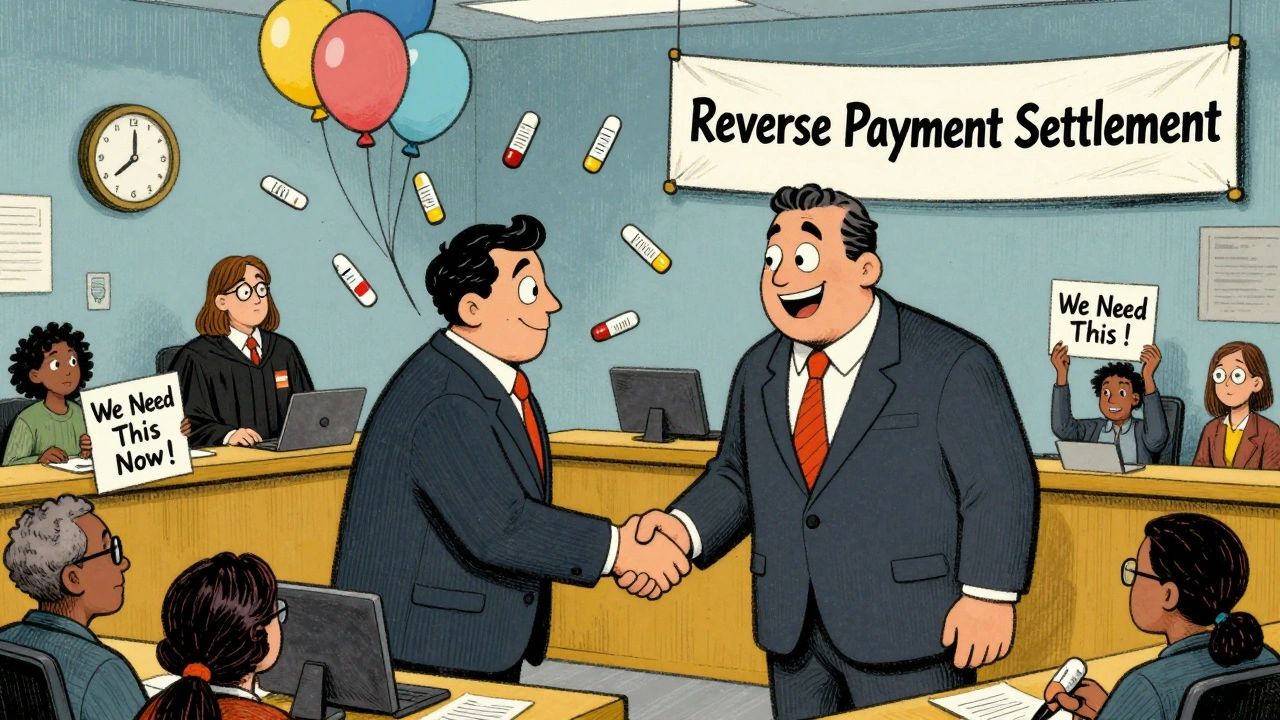 A brand-name drug company and generic maker shaking hands in a courtroom while patents float like balloons above.