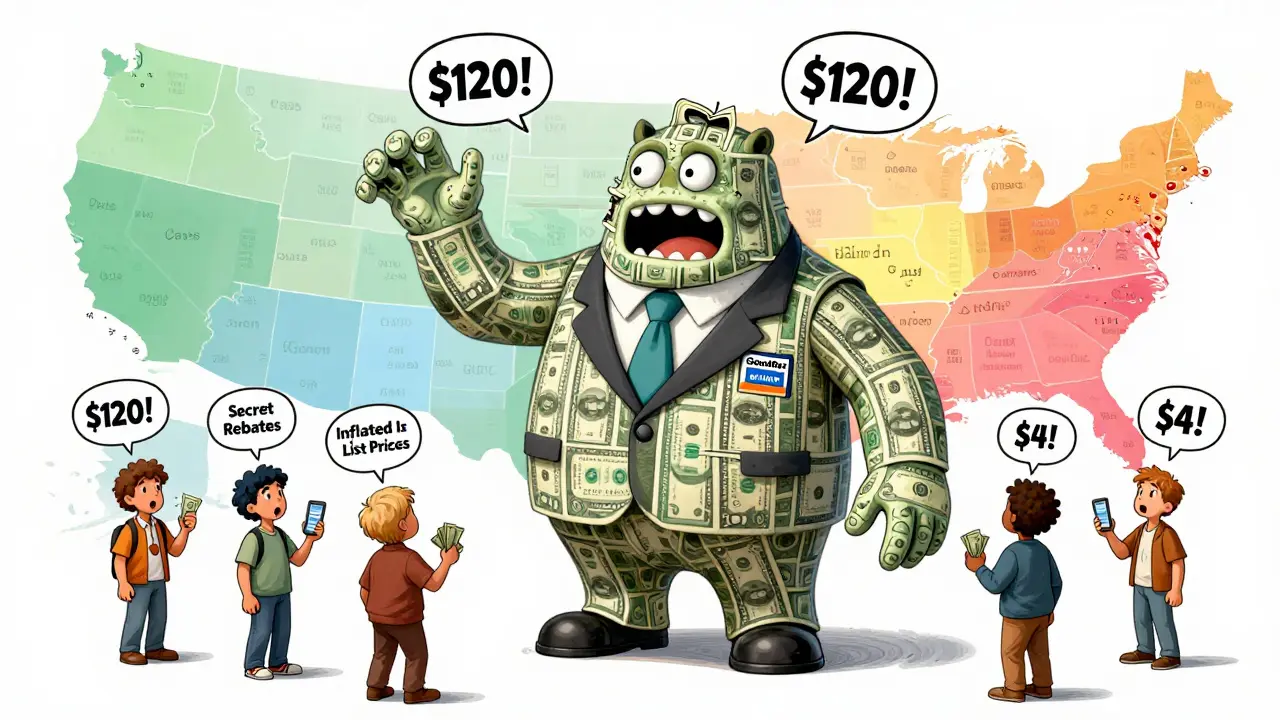 A cartoon PBM monster with tentacles labeled 'secret rebates' controlling pharmacy prices across a map of the U.S.