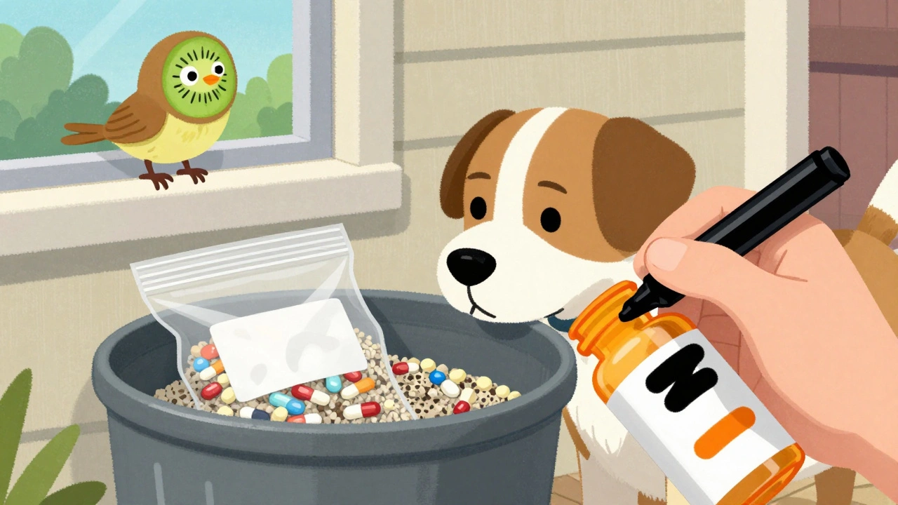 A dog sniffing a trash bag containing mixed pills and cat litter, with a hand blacking out a prescription label.