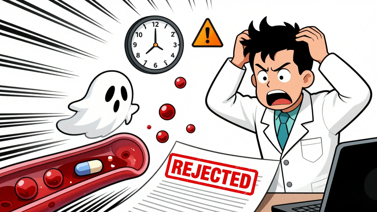 A ghost-like drug molecule causing carryover error in a clinical study, with a rejected stamp and frantic scientist.