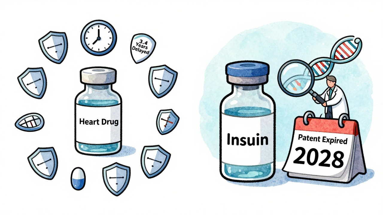 A heart drug buried under 15 patents versus a biosimilar vial with a scientist studying DNA, showing long delays.
