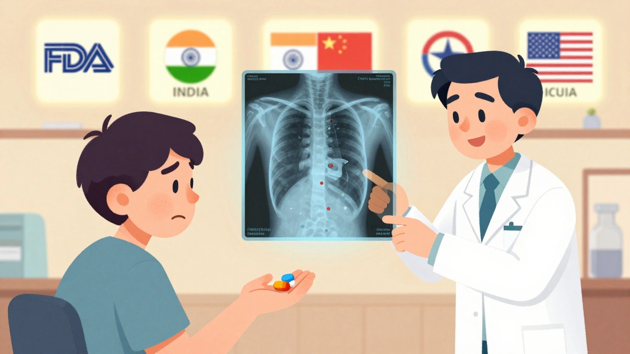 A patient examines a new generic pill as a pharmacist shows identical drug absorption in a transparent human body.