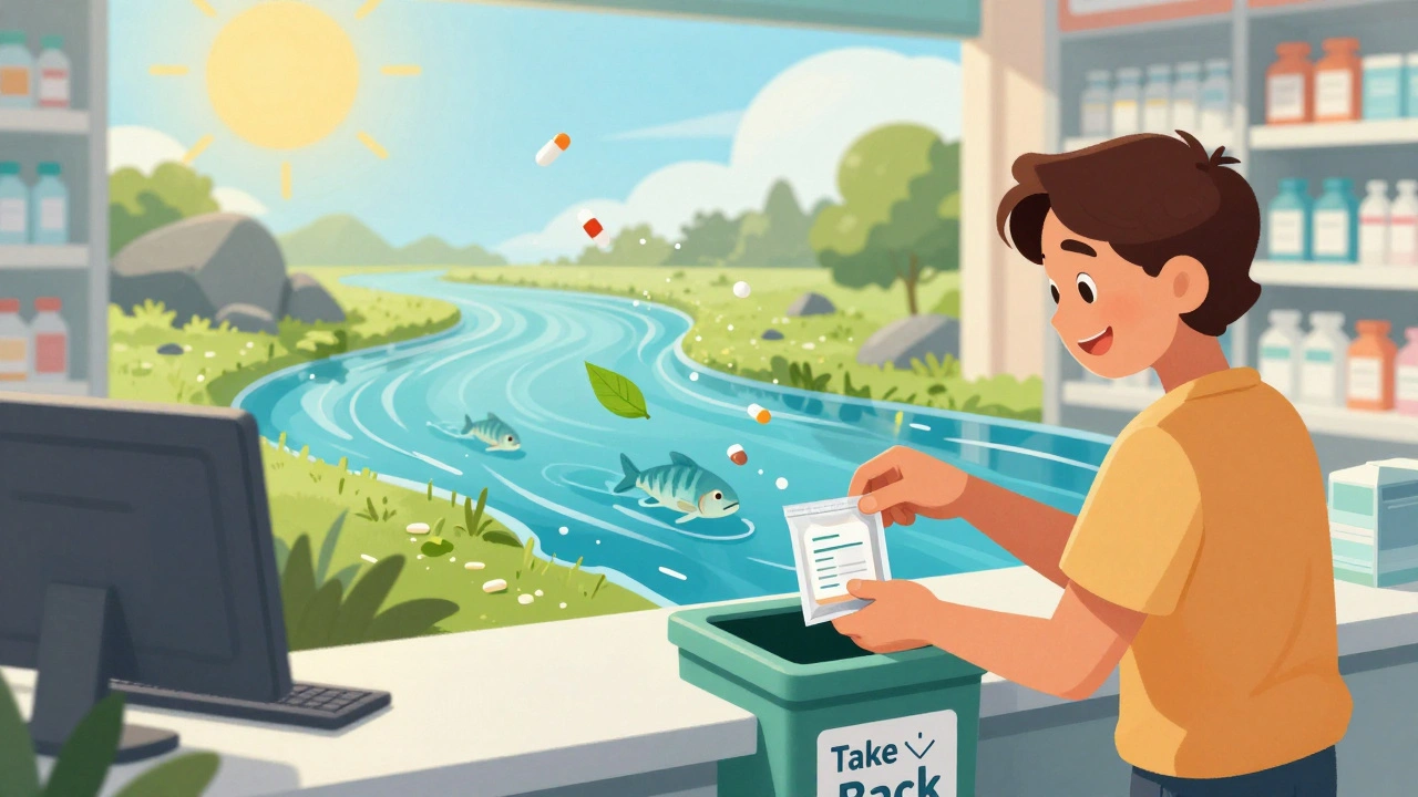 A person dropping meds into a pharmacy take-back bin, while a landfill turns into a clean river with fish.