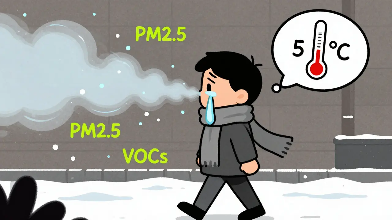 A person walking in winter with cartoon irritants like cold air and perfume triggering a runny nose.