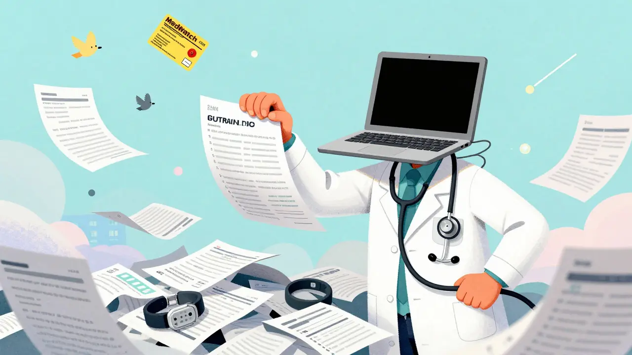 A quirky medical detective sorting through reports and health data in a surreal, colorful environment.