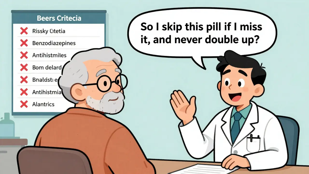 A senior confidently explaining their medication plan to a doctor using the teach-back method.