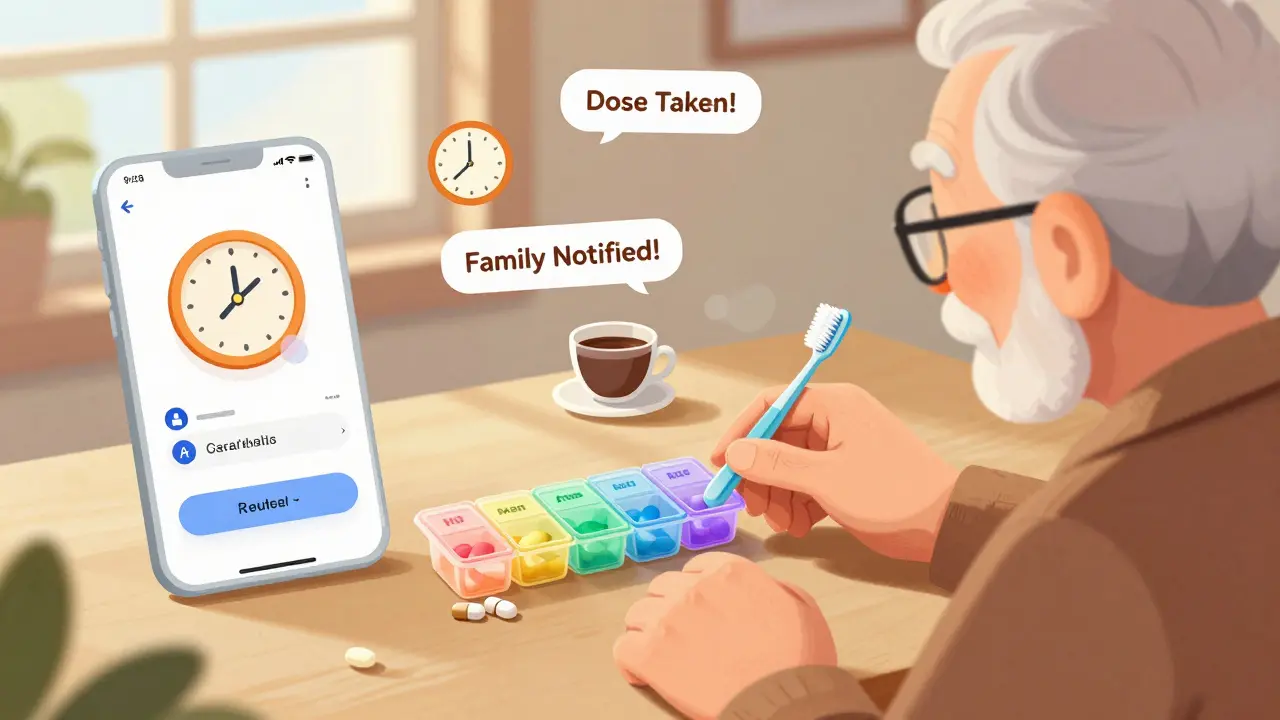 A senior using a colorful pill organizer with daily slots next to morning and bedtime reminders.