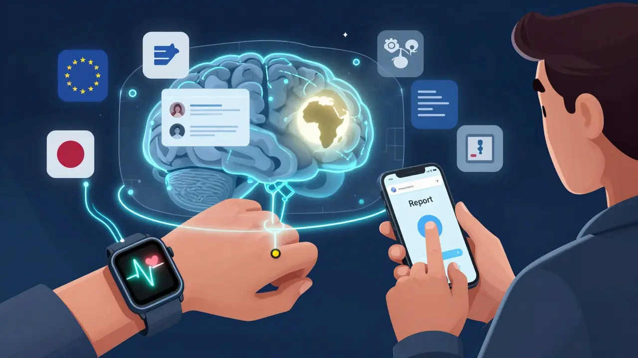 A smartwatch alerting heart rhythm issues while AI analyzes social media and lab data, with global health icons.