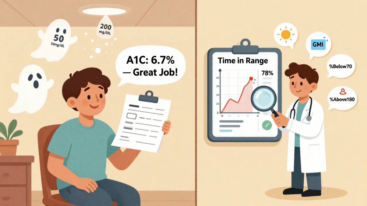 A split-screen patient: one side with a good A1C but hidden lows, the other with a CGM showing real-time glucose data.