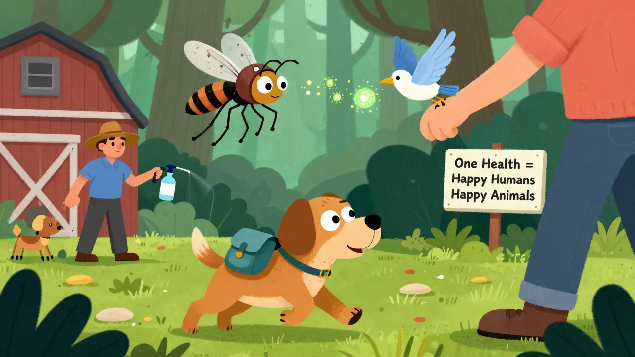 A tick on a dog and a mosquito flying from a bird to a person, with a farmer spraying disinfectant in the background.