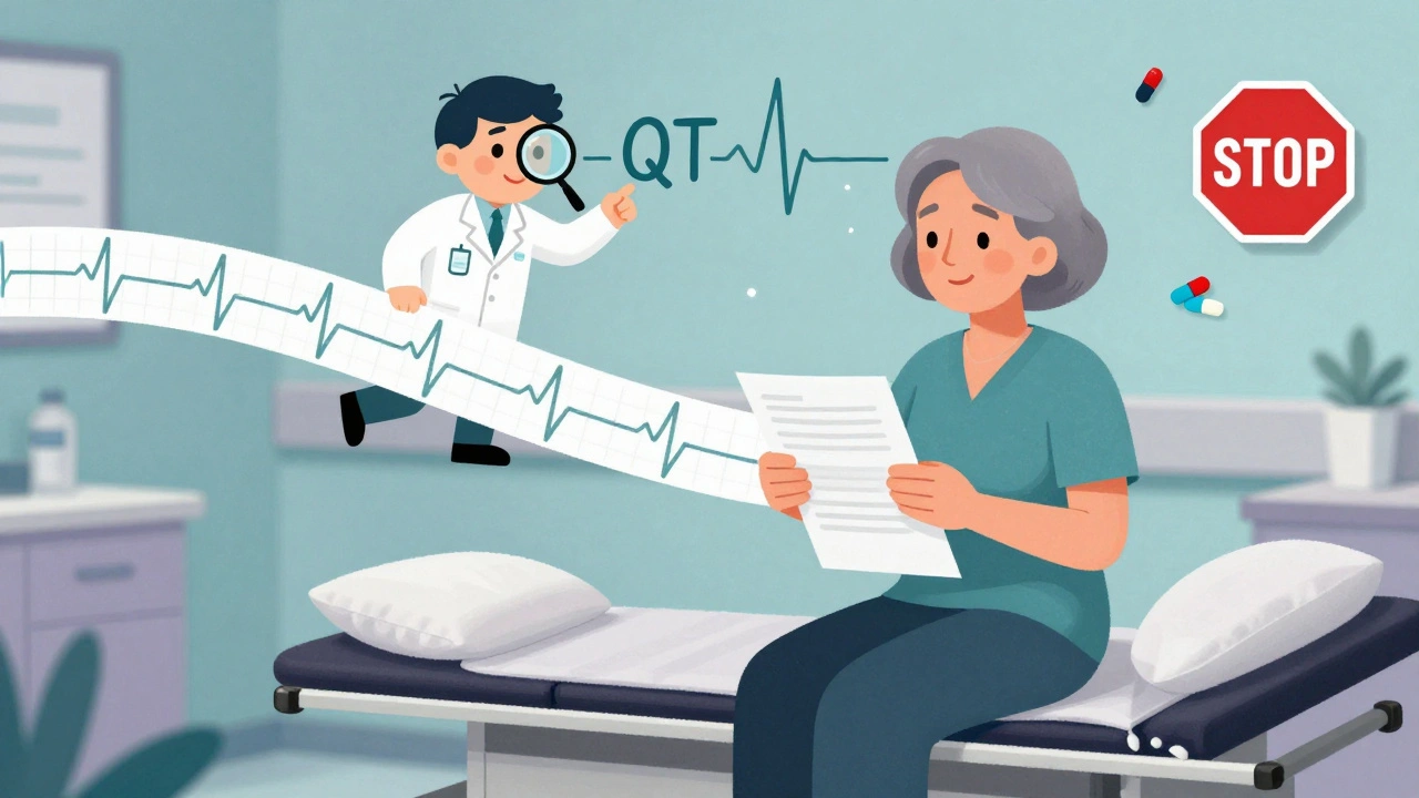 A woman holding a dramatically long ECG strip in a clinic, with medical icons and warnings nearby, showing QT risk factors.