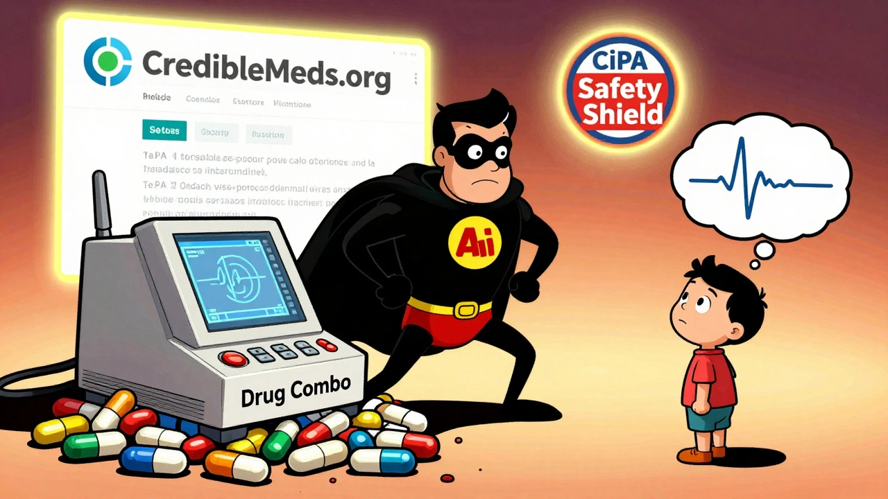 An ECG superhero blocking dangerous pills, with safety logos in the background, symbolizing prevention of drug-induced arrhythmias.