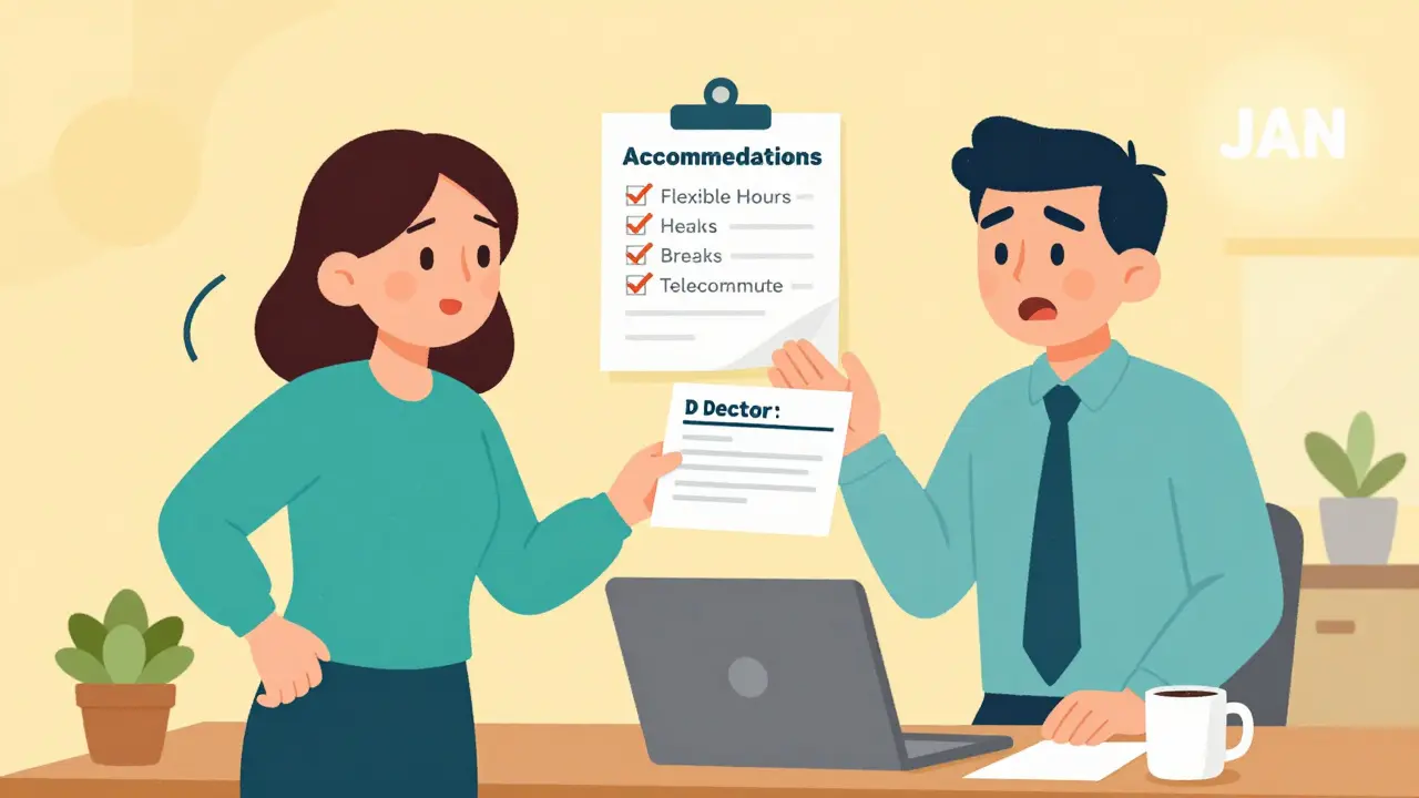 An employee handing a doctor’s note to a supportive manager, with accommodation icons floating nearby.