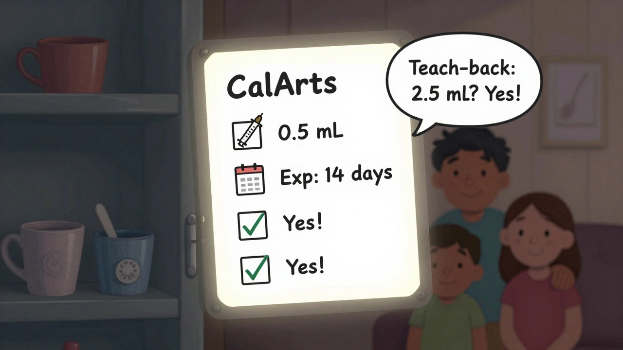 Animated checklist guides safe medication use with syringe, expiration date, and teach-back reminder.