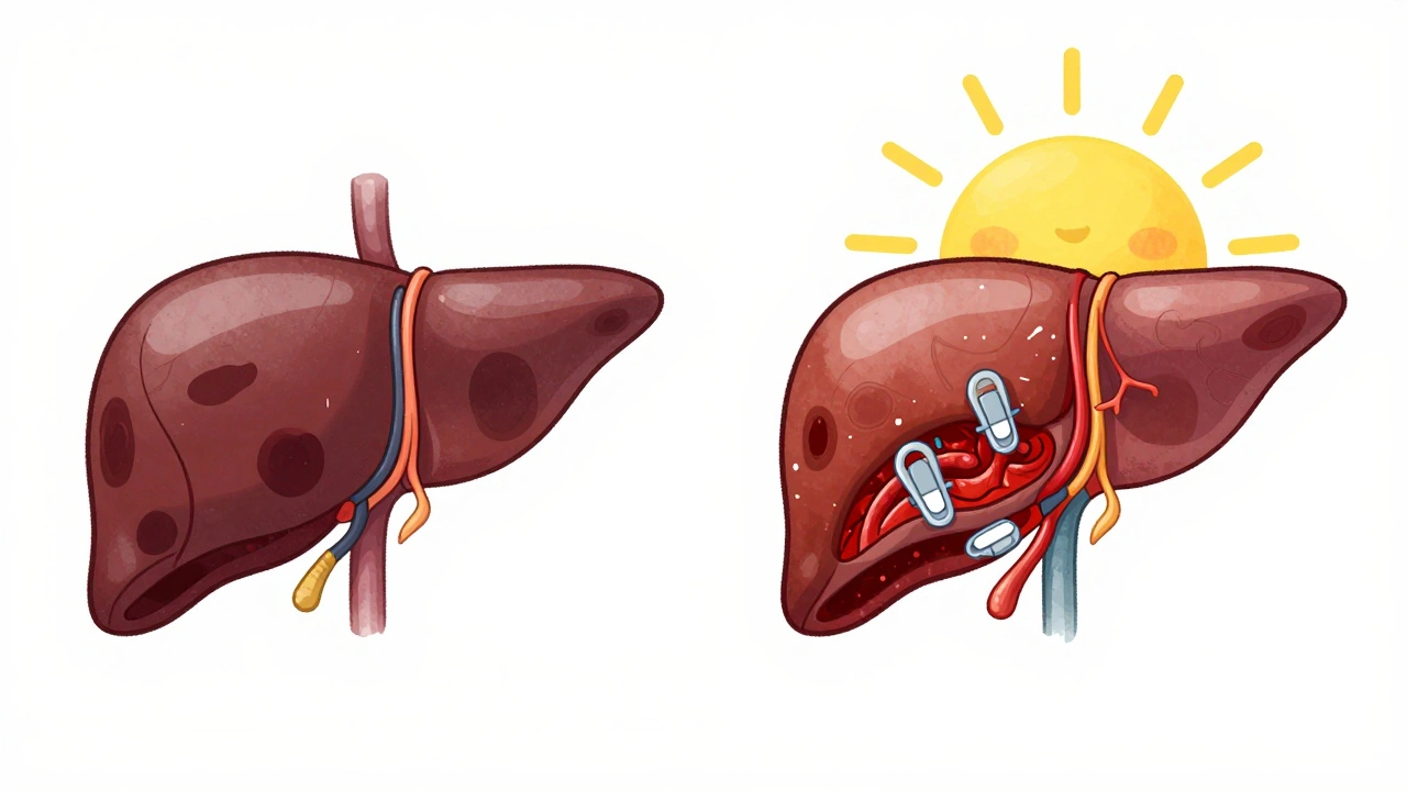 Before-and-after cartoon of liver with portal vein thrombosis treated by anticoagulation.