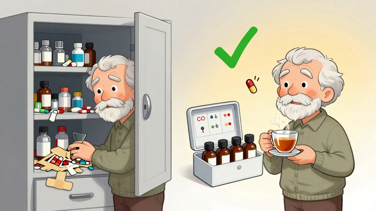 Before-and-after scene: cluttered medicine cabinet vs. organized meds, senior looking happier and healthier.