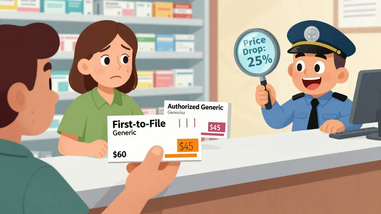 Customer at pharmacy receiving two prescriptions with different prices, one much cheaper.