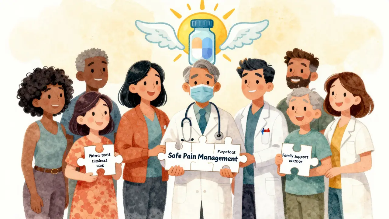 Diverse group holding puzzle pieces representing safe pain management under a rising sun.