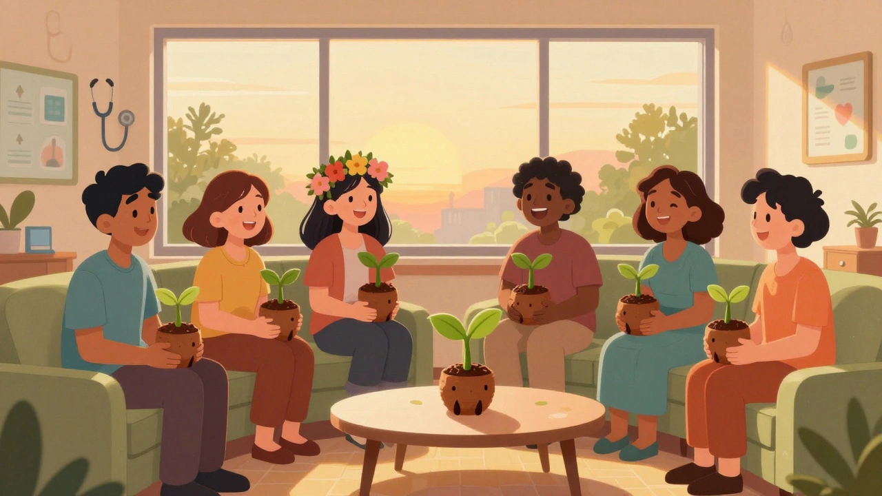 Diverse patients in clinic lounge holding hair-follicle plants, sunrise through window, flowers replacing wigs.