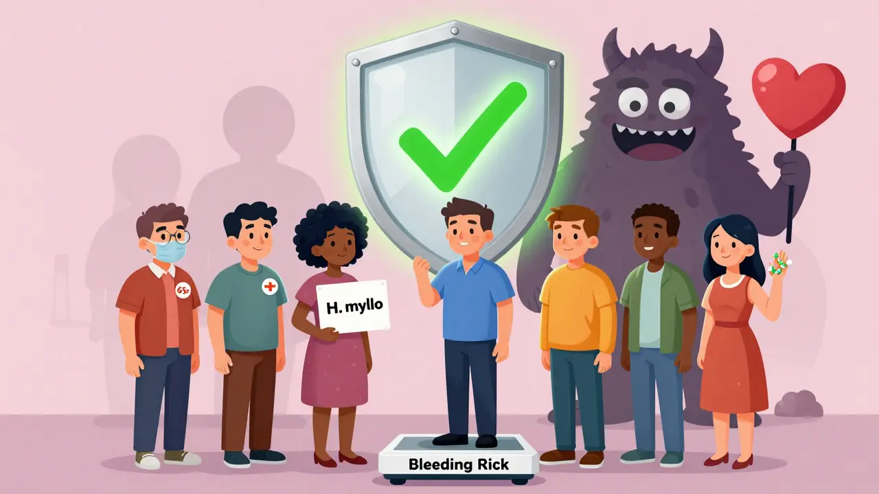 Diverse patients on a risk scale with a glowing PPI shield protecting against a clot monster.