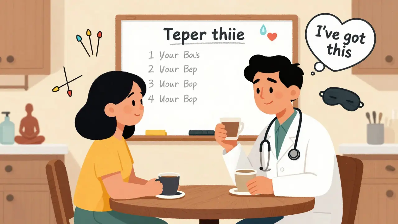 Doctor and patient sharing coffee while reviewing a personalized taper plan.