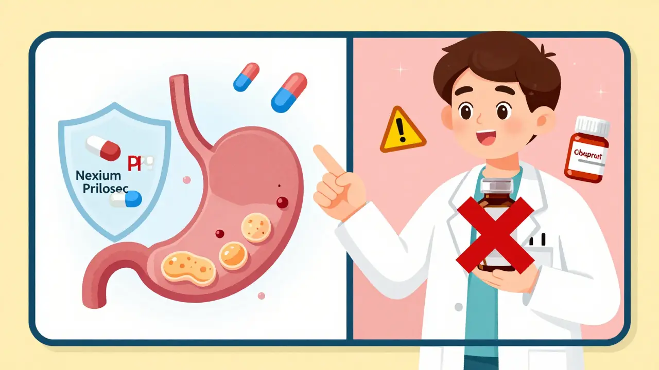 Doctor explaining stomach health with split-screen visuals and PPI pills forming a protective shield.