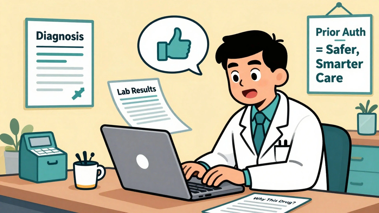 Doctor submitting prior auth request with documents and insurance approval bubble, cluttered office background