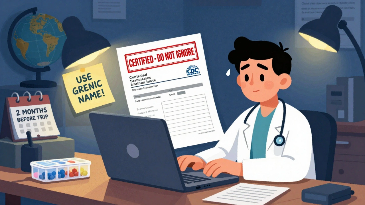 Doctor typing a controlled substances letter on a laptop with CDC template, pill organizer, and globe on desk.