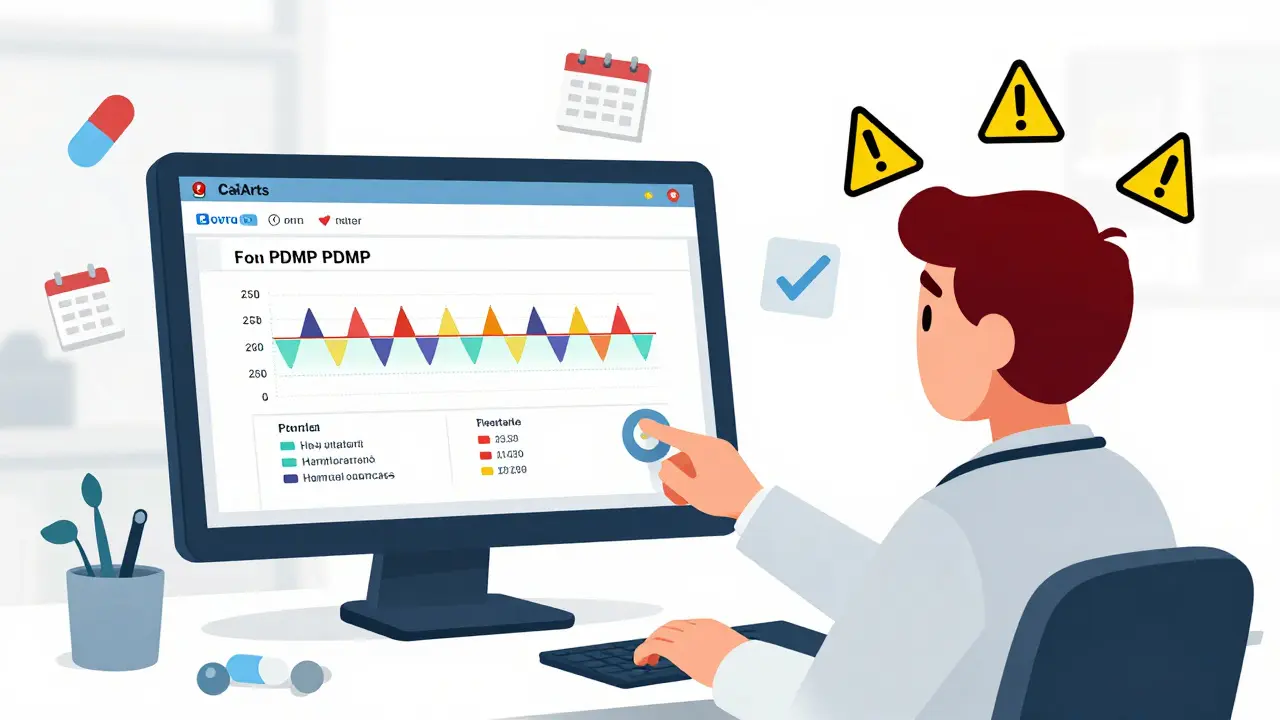 Doctor viewing a PDMP dashboard on EHR screen with warning flags above patient's cartoon avatar.
