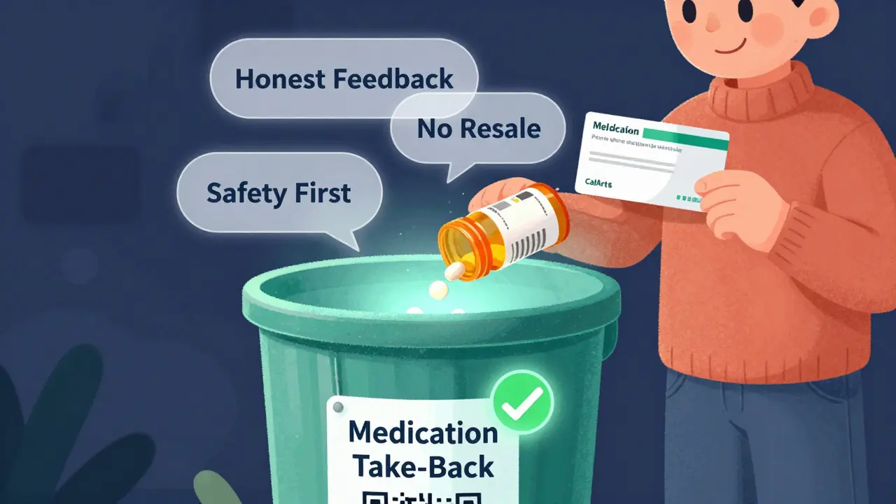 Expired medication being safely disposed of in a take-back bin with a thank-you gift card nearby.