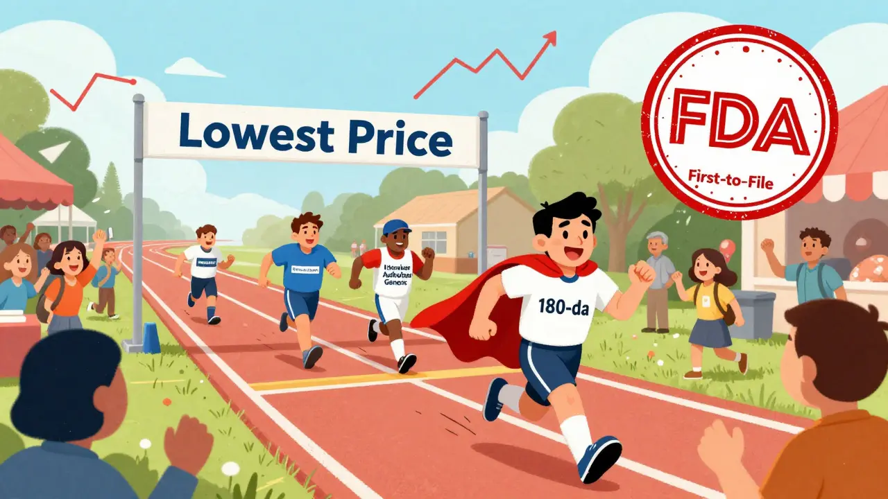 Generic drug companies racing on a track, authorized generic overtaking the first-to-file.